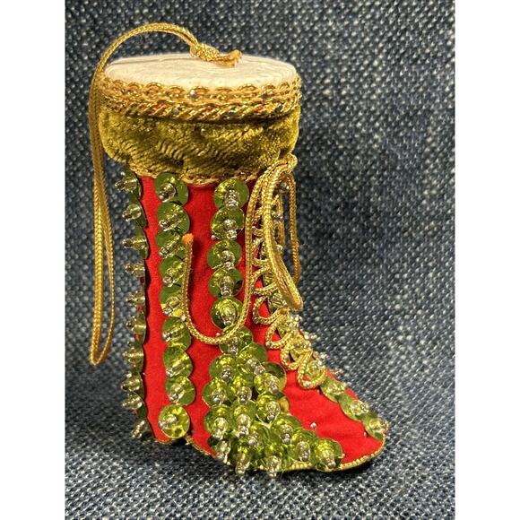 Vintage push pin Sequin Elf Boot Ornament 3.5” Handmade Christmas Holiday - Picture 2 of 8